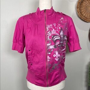 Y2K Vanity Short Sleeve Jacket Lightweight Top  Pleated Berry/Pink Womens Large